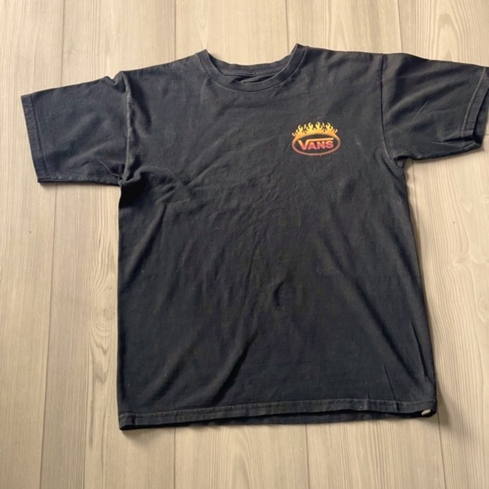 Vans Shirt Mens small Black Graphic Logo Crew Neck Tee Flames